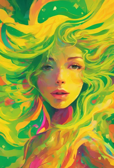 ((top-quality, 8K)), (Realistic), (Face Focus: 1.1), (Yellow and green: 1.3), Kawaii Girl, Hair fluttering in the wind, Facing to the side, (nudde: 1.1)、D Cup Breasts、