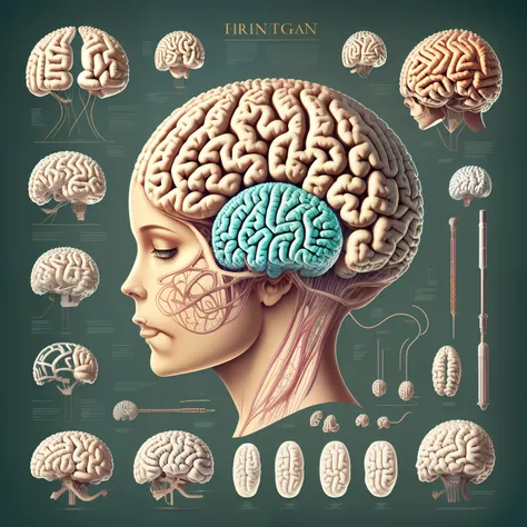 Theres a poster of a woman with a brain and a bunch of different parts, human brain, Full details of the anatomy poster, anatomia cerebral, arte conceitual da estrutura humana, retrato da anatomia, exploded view of human anatomy, high detailed illustration...