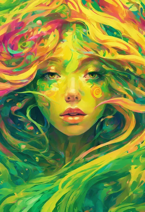 ((top-quality, 8K)), (Realistic), (Face Focus: 1.1), (Yellow and green: 1.3), Kawaii Girl, Hair fluttering in the wind, Facing to the side, (nudde: 1.1)、D Cup Breasts、