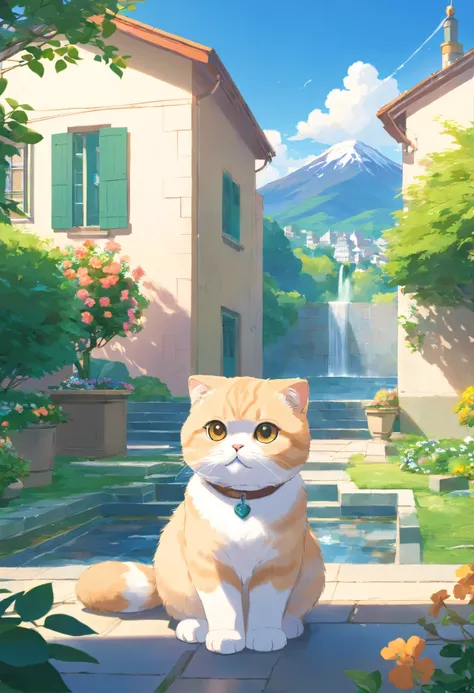 Scottish fold cat in the garden with fountain and distant houses and mountains in the background.