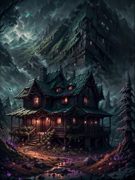 (a cabin,a massive mountain,hp.lovecraft style),old wooden cabin hidden in the dense forest,dark and mysterious,ominous atmosphe...