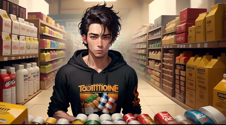 Pixar style: cartoon style of a man wearing a black hoodie that says "TOPLINE NUTRITION" surrounded by supplements, brown eyes, stubble, and short black hair, poster, photo,