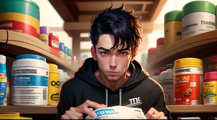 Pixar style: cartoon style of a man wearing a black hoodie that says "TOPLINE NUTRITION" surrounded by supplements, brown eyes, stubble, and short black hair, poster, photo,