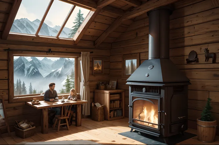 portrail of a family of bears living inside a cozy mountain cabin in the woods, with a wood burning stove, a window to the outdo...