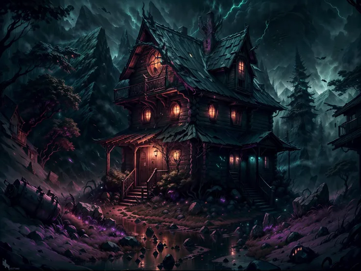 (a cabin,a massive mountain,HP.lovecraft style),old wooden cabin hidden in the dense forest,dark and mysterious,ominous atmosphere,ancient and towering mountain,covered in eerie mist,sharp and jagged peaks,reminiscent of the works of HP Lovecraft,encased i...