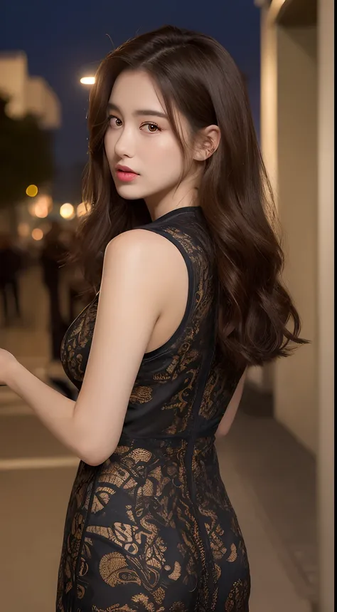 ((top-quality、8K、​masterpiece、:1.3))、1girl in、Amazing beauty，full body Esbian、Slim Faces、Pretty women、(dark brown hair)、qipao dress:1.1、Super Detailed Face、detailedeyes、二重まぶた、blurry backround、Slim Faces、nighttime scene、appearance、Street、raw,Back，Walking，ra...