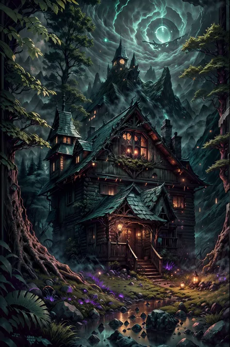 (a cabin,a massive mountain,hp.lovecraft style),old wooden cabin hidden in the dense forest,dark and mysterious,ominous atmosphe...