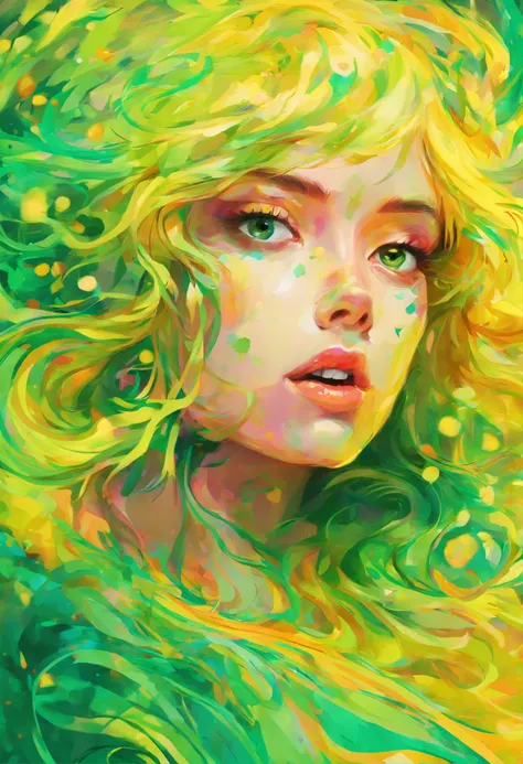 ((top-quality, 8K)), (Realistic), (Face Focus: 1.1), (Yellow and green: 1.3), Kawaii Girl, Hair fluttering in the wind, Facing to the side, (nudde: 1.1)、D Cup Breasts、