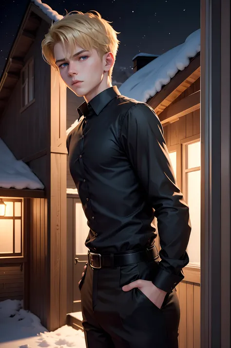 realistic 8k image of a 15-year-old young man, blond, strong, short hair combed back, blue eyes, square chin, dressed in a black dress blouse and black pants, standing on the porch of a house, winter night, art anime style