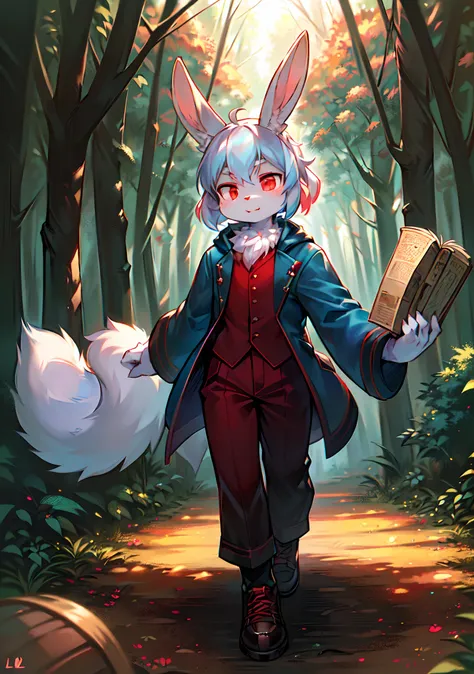 eyes with brightness, in a panoramic view, Character focus.(detailed back ground:0.7), ((ln the forest))，独奏, shaggy, shaggy male, malefocus, (Full Body Furry, Fluffy tail, White and light blue fur, red color eyes,(edgBunny)，((long bunny ears))，Wear clothes...