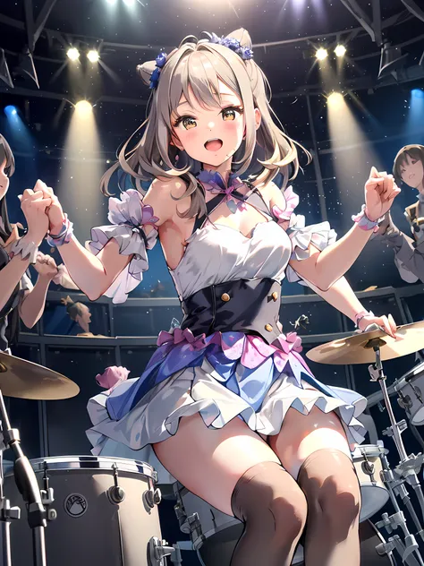 this illustration is、it features a silver-haired girl with medium-length hair playing drums on stage. she confidently shakes the...