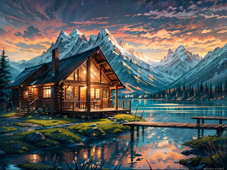 cabin with a massive mountain view,Shinkai Makoto style,beautifully detailed cabin,extremely detailed mountain range,soft lighting,vivid colors,realistic art,aurora borealis in the night sky,reflection of the cabin in a calm lake,warm color palette,highres...