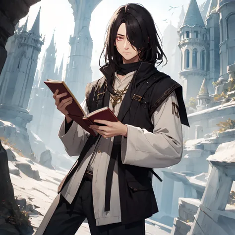 Wizard, student, dark hair, eye covered, eye bags, bad posture, shy, holding a book,  male, fantasy