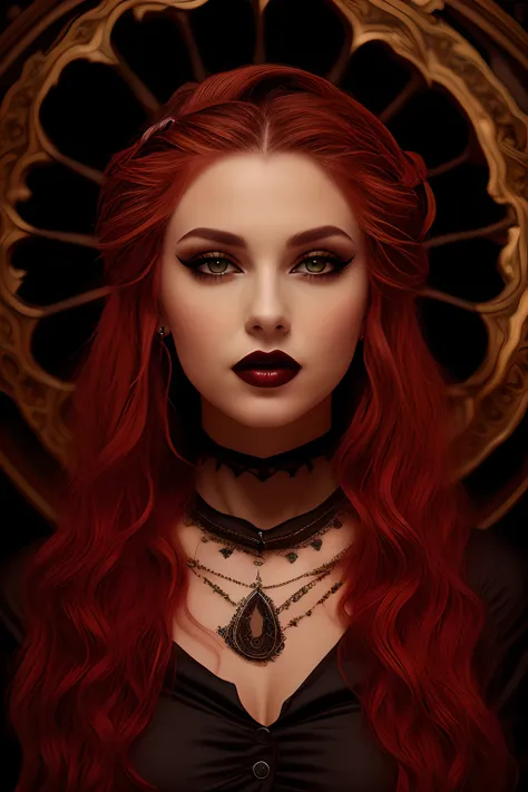 masterpiece, 8k, wallpaper, (detailed), ((full body)), beautiful woman, vampire, dark red hair, pale skin, (wearing black dress), makeup, eyeliner, red lipstick, gothic, castle, (intricate), ((high detailed skin, skin details)), sharp focus, 8k uhd, dslr, ...