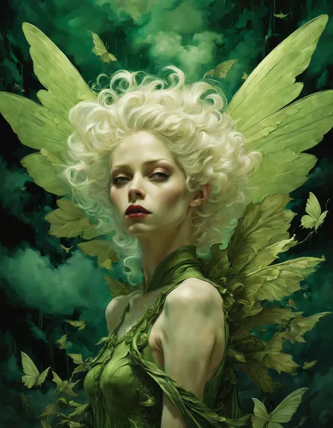 ((Halloween style)), Cinematic, photorealistic of albino ((faerie, 2 wings in her back)), vibrant colors, green outfit, fantasy, warm green tone, surreal, 8k resolution photorealistic masterpiece by Aaron Horkey and Jeremy Mann, professional photography, v...