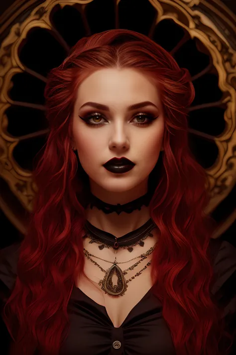 masterpiece, 8k, wallpaper, (detailed), ((full body)), beautiful woman, vampire, dark red hair, pale skin, (wearing black dress), makeup, eyeliner, red lipstick, gothic, castle, (intricate), ((high detailed skin, skin details)), sharp focus, 8k uhd, dslr, ...