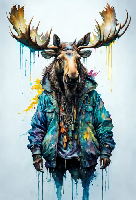 a humanoid moose in hip hop style clothes, fully body, 8k resolution photorealistic masterpiece, intricately detailed fluid pain...