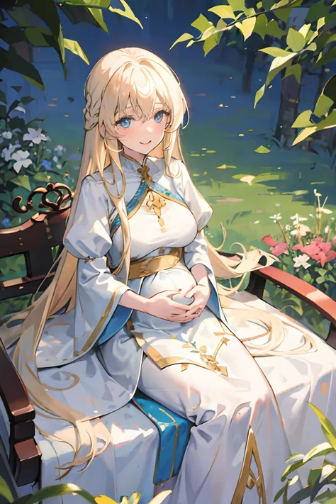 1 woman, long blonde hair, blue eyes, white dress, 1 pregnant woman, smiling gently, sitting in a floral place in the field, one hand on her belly and the other leaning on the bench