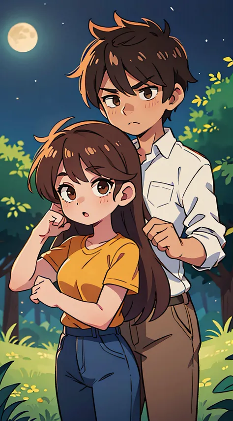 1 male and 1 female brown haired , night time , high quality