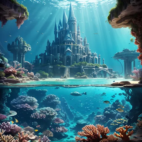 (best quality:1.2, realistic:1.37), underwater city Atlantis, crystal clear water, majestic architecture, ancient ruins, shimmering light rays, thriving marine life, vibrant coral reefs, mysterious treasures, mythical sea creatures, surreal atmosphere, dre...