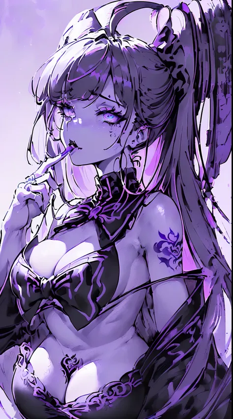 (((((((ink painting,monochromatic world, using only shades of black, white, and purple,Dark Style, Grim,pubic tattoo,))))))(((off shoulders,cleavage dress,high turtleneck sweater,))) (((saliva,tongue from mouth,blush:1.7,baggy cuffs,off shoulders)))，(zenta...