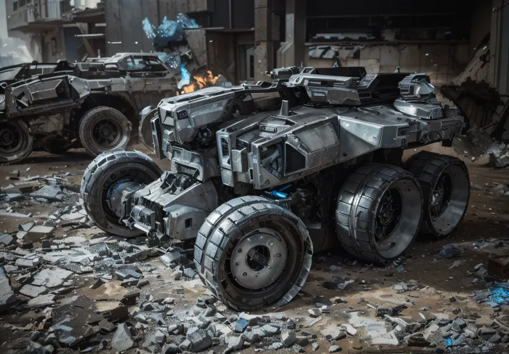 ultra modern biomechanical style war vehicle, silver color with blue details, it is in a totally destroyed city, Ultra detailed, Hyper realistic, 4k, Ultra detailed image, realistic, Highly detailed, perfect composition, beautiful intricately detailed incr...