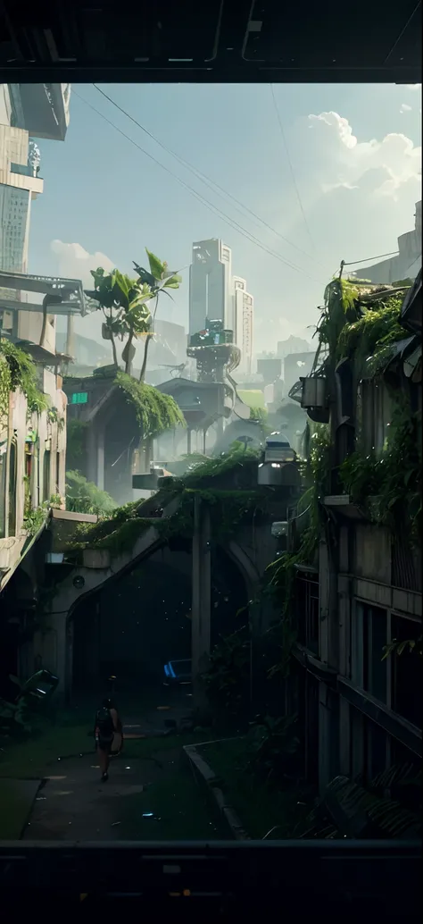 Abandoned futuristic city overgrown with lush green plants lights blue,sky  by Jinhwa Jang, Trending by Artstation