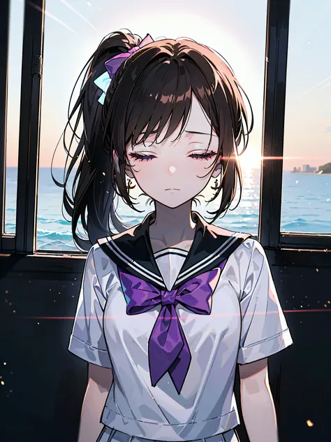 ((((Sharp focus，Vaporwave,Depression angle 30 degrees，indifferent, half closed eyes,))))((microphone,standing microphone,fashion design,))(Masterpiece illustration,Beautiful and aesthetic:1.2,Dramatic composition：1.2,near a window,), Best quality,Top quali...