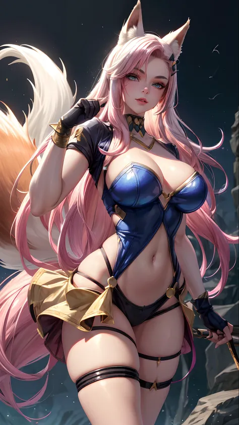 best quality,masterpiece,8k wallpaper,absurdres, highres, ultra detailed, (1 young beautiful girl, solo:1.1),realistic,k/da (league of legends), solo, animal ears,gloves, fox ears, hair ornament, long hair, blonde hair,blue eyes, whisker markings, fingerle...