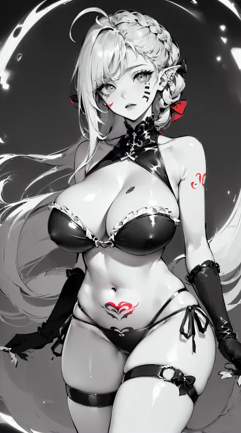 (((((((monochromatic world, using only shades of black and white and little red,facial tattoo,show thighs,thin thighs,))))))(((frills,head tilt,bandeau bikini ,side tie panties,thigh strap,))) (((blush:1.7,baggy cuffs,long fur gloves,breast hold)))，(zentan...