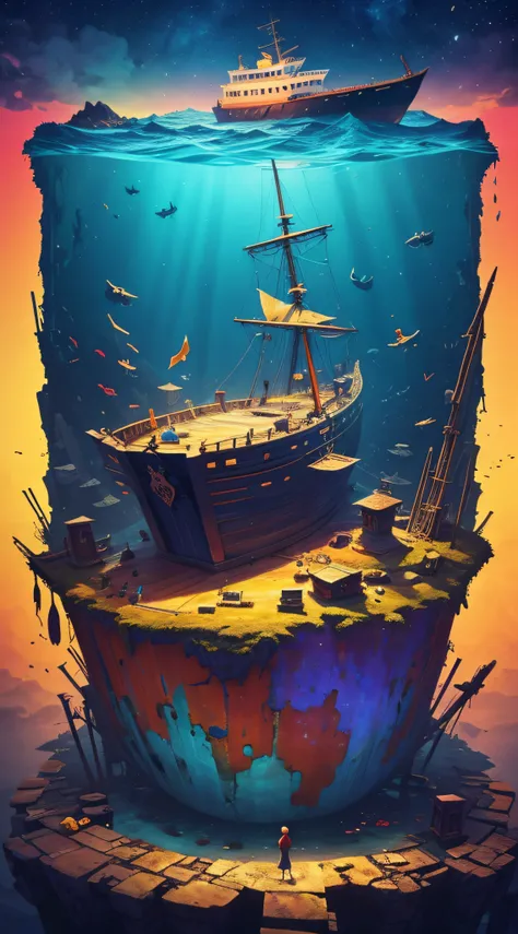 Create a vibrant background that represents the essence of stoicism. The image should be colorful and abstract, with no text. A sunken ship and a lost fortune.