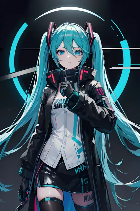 Hatsune Miku hacker, Watch Dogs, Cyberpunk 2077, ((Black Overcoat)), High res, best res, absurd res, good face, best face