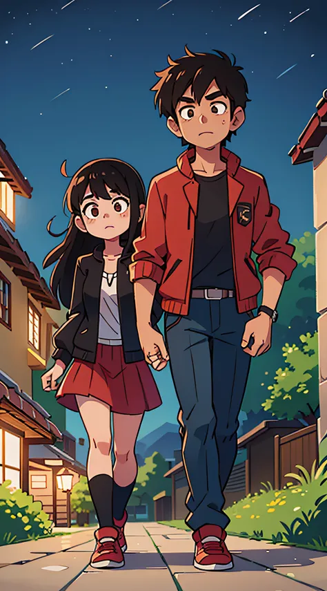 1 male and 1 female brown black haired , night time , high quality, walking together