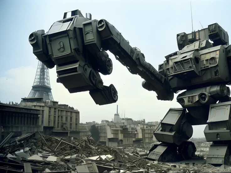 Arriflex camera photography, 1945, giant mecha robot, flying over Paris in ruins, low angle, style raw.