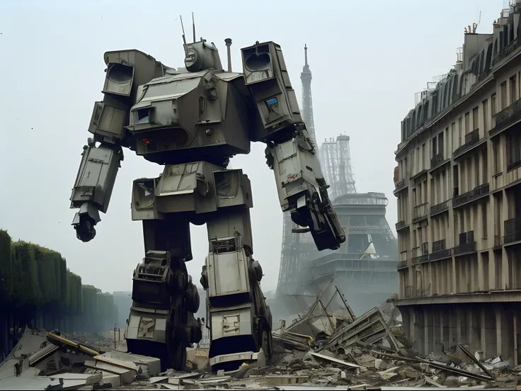 Arriflex camera photography, 1945, giant mecha robot, flying over Paris in ruins, low angle, style raw.