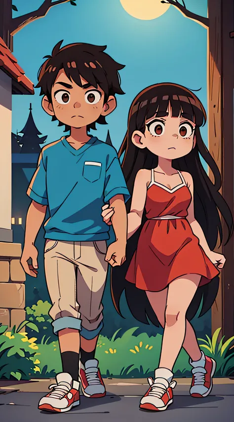 1 male and 1 female brown black haired , night time , high quality, walking together