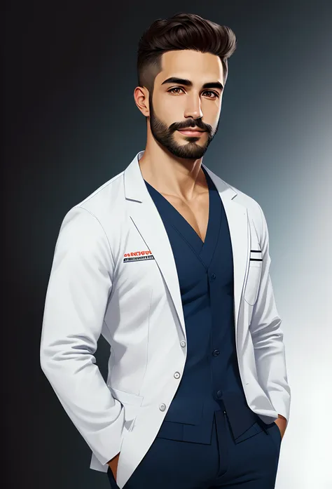 illustration, with very high quality, of a young veterinarian, com barba, cabelo preto, de jaleco branco, com um cachorro