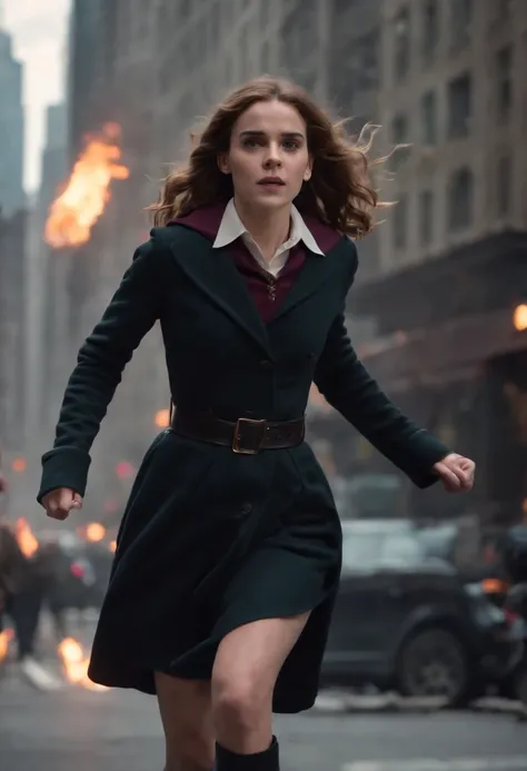 Hermione Granger in a sexy witch outfit flying through the air while being chased by monsters in New York