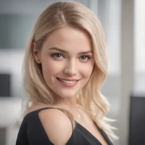 beautiful blonde woman, smiling, wearing formal attire in an office, ultra-realistic, highest image quality