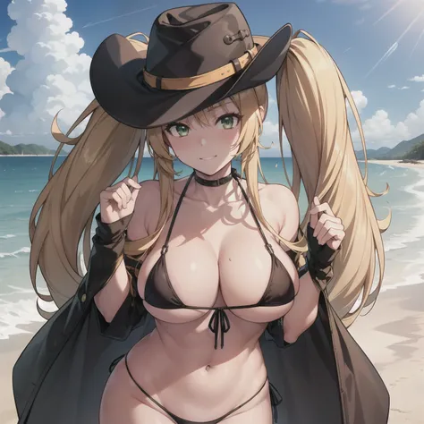 masterpiece, best quality, highres, blond hair, green eyes, twintails, cowboy shot, standing, beach, micro bikini, embarrassed, blush, sexy pose, medium breasts, long hair,black cowboy hat,