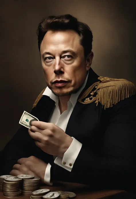 Elon Musk lutando por dinheiro, oil painting, Pinceladas duras, dramatic lighting, intense expression, Olhos determinados, segurar punhos, suor escorrendo pelo rosto, terno enrugado, Correntes quebradas, Crumbling dollar bills, Chart of the crumbling stock...