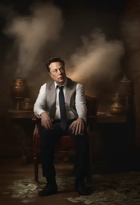 Elon Musk lutando por dinheiro, oil painting, Pinceladas duras, dramatic lighting, intense expression, Olhos determinados, segurar punhos, suor escorrendo pelo rosto, terno enrugado, Correntes quebradas, Crumbling dollar bills, Chart of the crumbling stock...