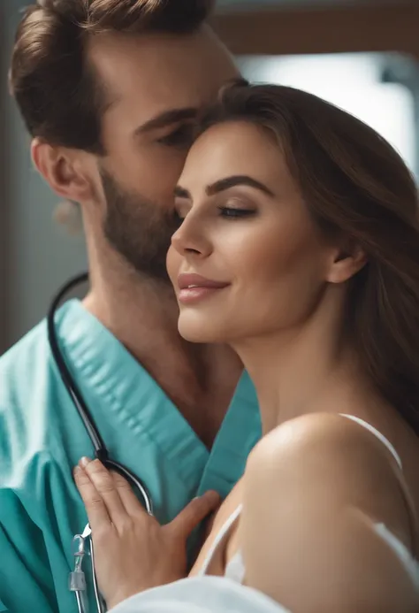 A nurse in scrubs teasing a man with her massive boobs and fat but, brown hair, grey eyes, juicy lips, 4k, beautiful face