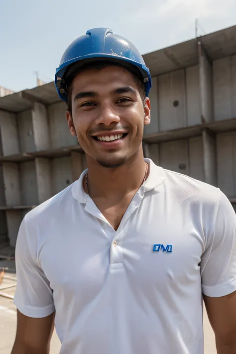 Make a young man, 32 anos de idade, formado em engenharia civil recentemente, sorrindo, com roupa social, em um ambiente de obra de uma ponte, construction