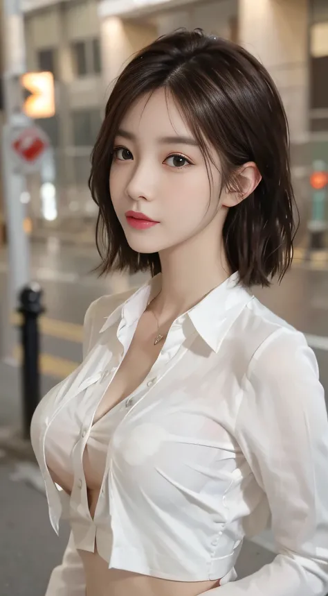 ((Best Quality, 8K, Masterpiece: 1.3)), Sharp: 1.2, Perfect Body Beauty: 1.4, Slim Abs: 1.2, ((Layered Hairstyle, Big Breasts: 1.2)), (Wet White Button Long Shirt: 1.1), (Rain, Street: 1.2), Wet: 1.5, Highly detailed face and skin texture, detailed eyes, d...