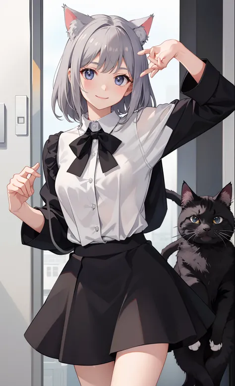 1girl in、A smile、The shirt、Blouse、skirt by the、（small tits）Chilarism、movement、（Gray hair）、Cats ears、