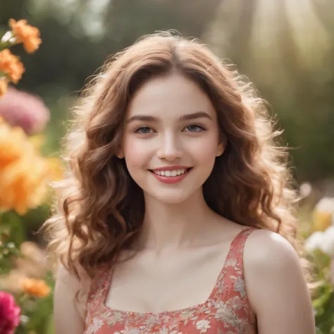 A girl with a smiling face, having beautiful detailed eyes and lips, the daughter of a dark-skinned father and a white-skinned mother. She is in a garden filled with colorful flowers. The girl is wearing a pretty dress with vibrant colors that match the fl...