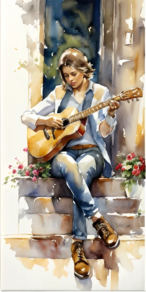 an image of an alaffe of a man playing guitar on a porch, the guitar player, james gurney painting style, guitarists, girl playi...