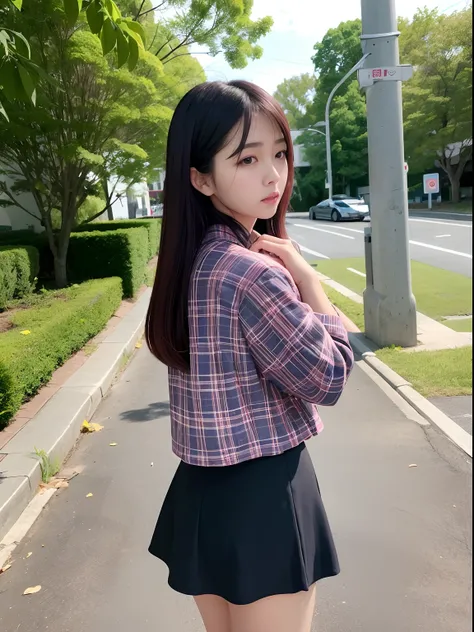 Close-up of a woman in a short skirt and plaid blouse, xintong chen, Korean girl, xision wu, Casual pose, Shin Jinying, cropped shirt with jacket, wenfei ye, Choi Hyun-hwa, low view, Asian girl, Young Asian girl, Profile image, flannel