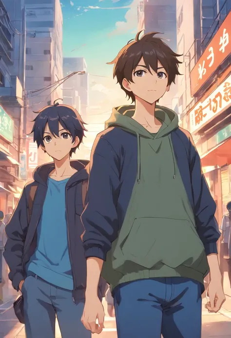 Three young people. The young man in the middle wears a backwards cap and wears a black sweatshirt and has brown hair, o jovem da direita usa uma jaqueta aberta e uma coroa e tem cabelo loiro, o jovem da esquerda usa terno e tem cabelo branco. estilo anime...